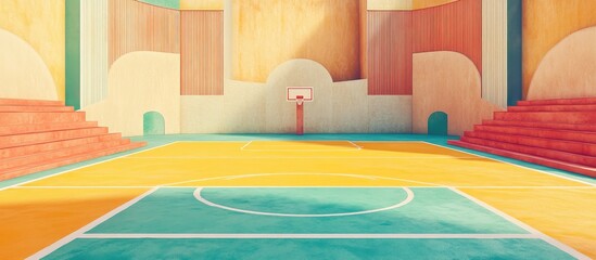 Art Deco Basketball Court Interior in Pastel Colors with Copyscape for Text and Mixed Media Elements for Creative Projects