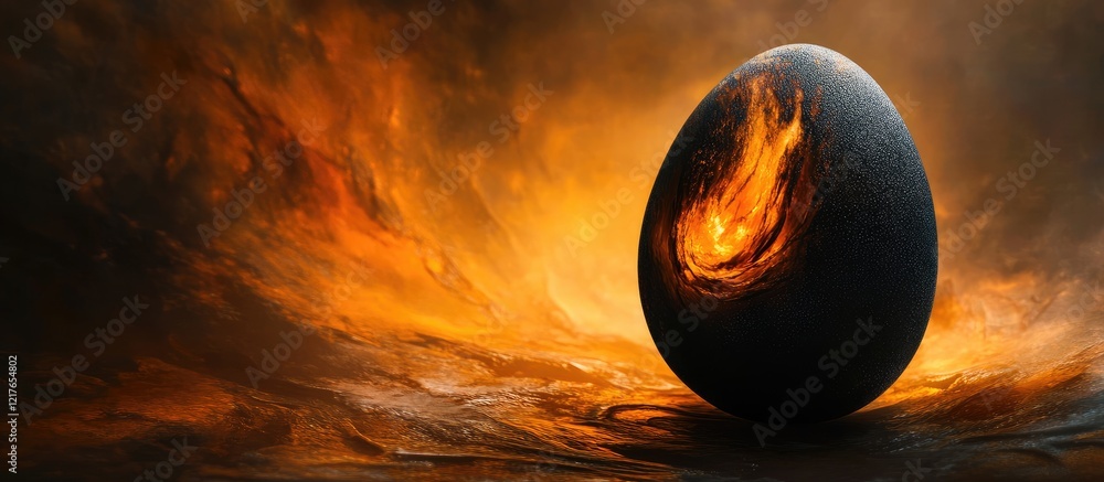 Poster black whirlpool easter egg surrounded by fiery background with copyspace for text and velvet texture