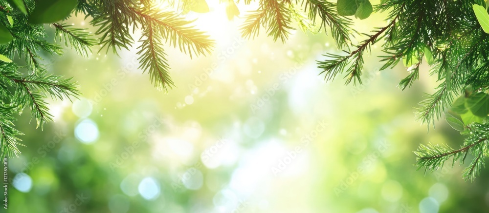 Poster sunlight filtering through lush green foliage with bokeh background and ample copy space for text in