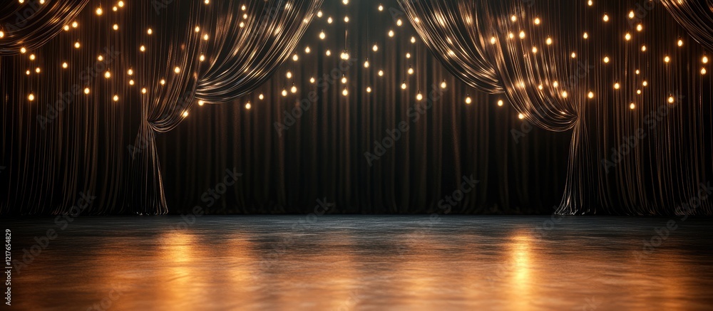Poster elegant black velvet stage curtain with glowing lights backdrop creating a dramatic scene and ample 