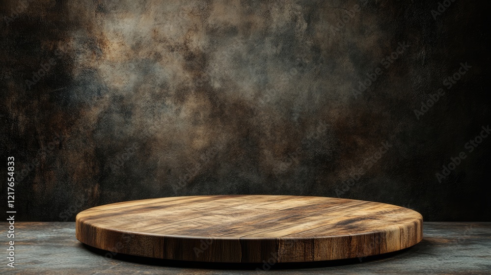 Poster textured dark background with wooden round pedestal table in front and ample copy space for product 