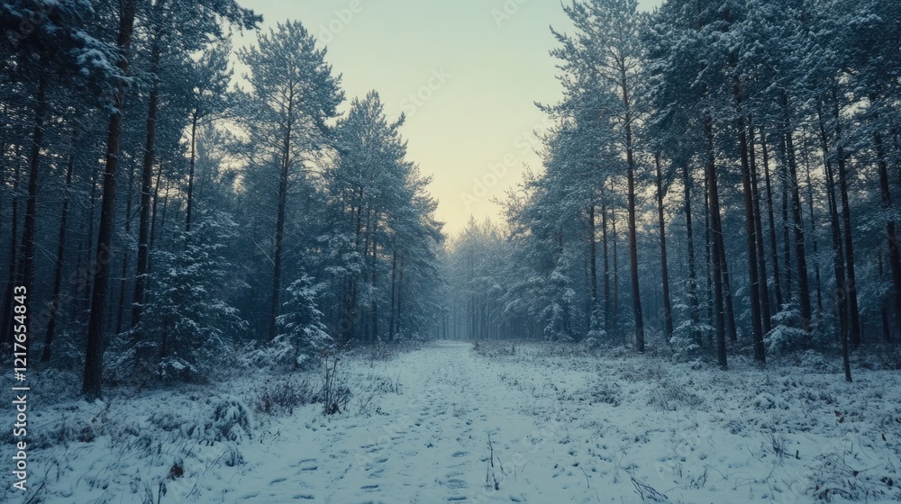 Poster snowy forest path with tall trees in winter landscape and soft light, suitable for text overlay, cop