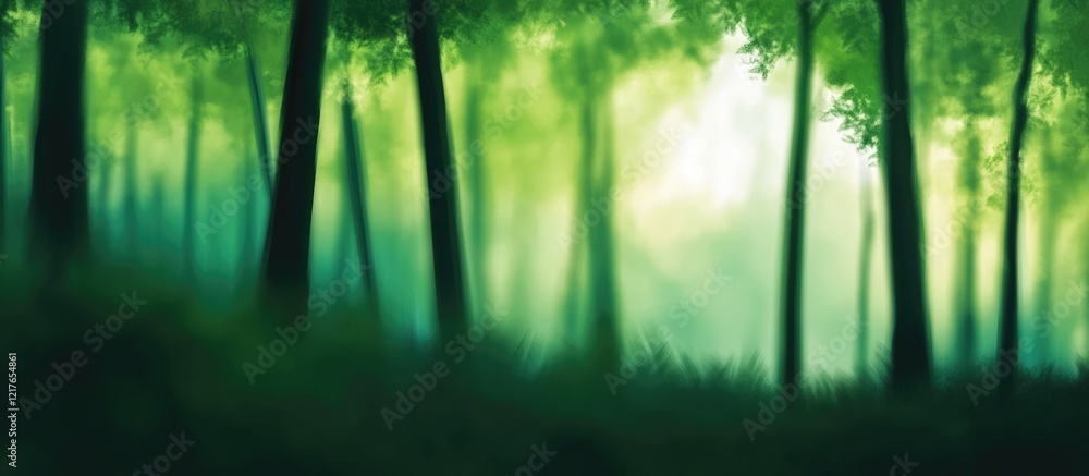 Poster Serene Blurred Green Forest Background with Ample Copyspace for Text and Design Elements