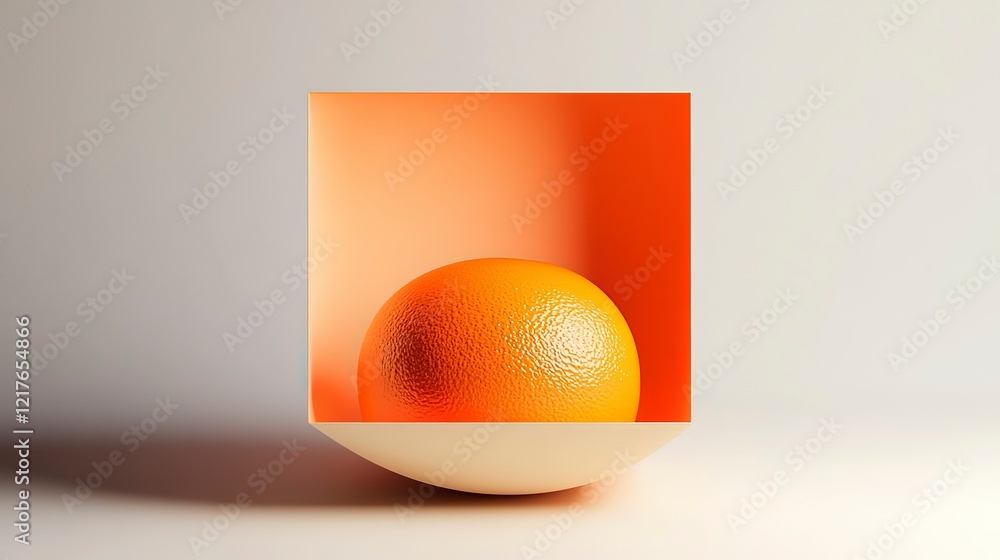 Poster Bright orange mockup featuring a single orange placed inside a geometric display in a minimalist setting