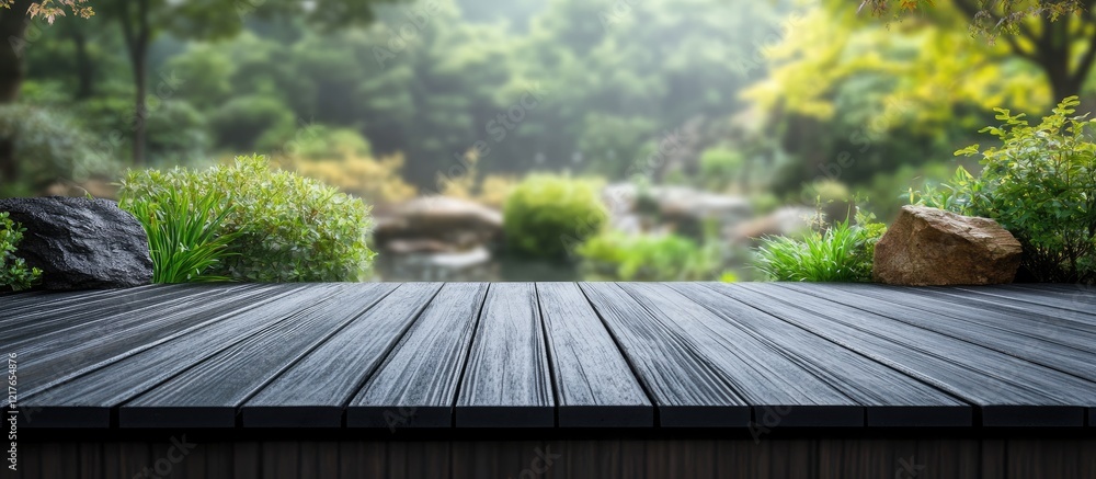 Poster black wooden porch deck surrounded by lush nature with empty copyspace for text ideal for ads and pr