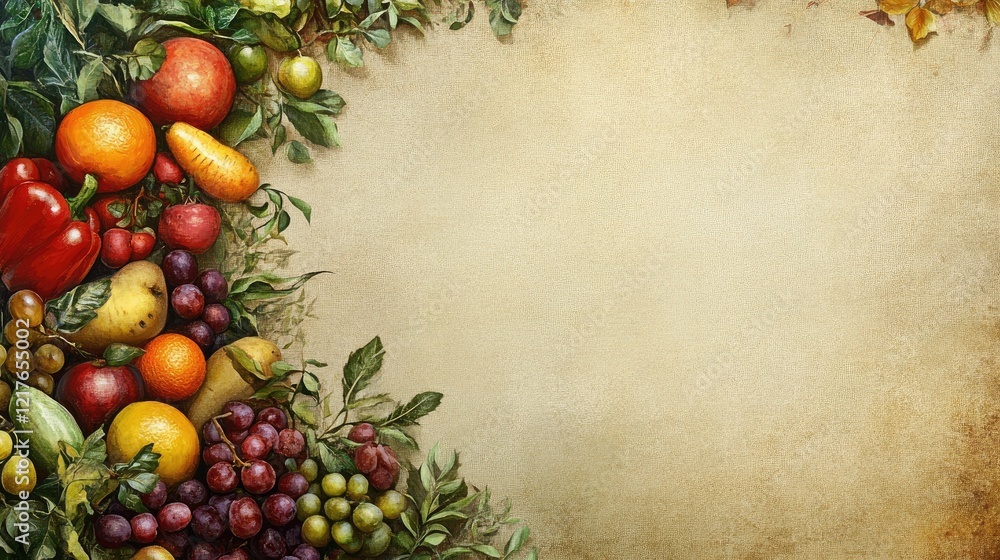Poster fresh assortment of colorful vegetables and fruits on rustic paper background for farm-to-table and 