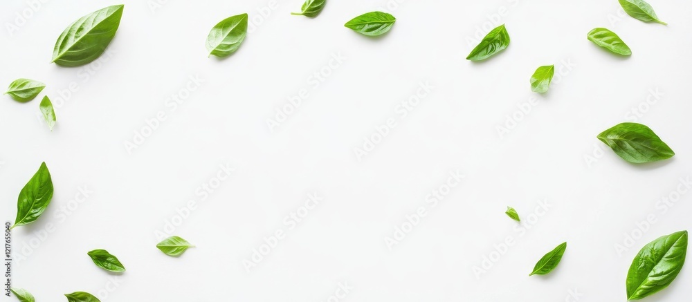 Poster fresh basil leaves arranged on white background with copy space for text and design elements