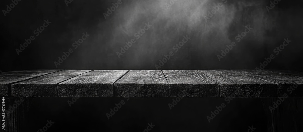 Aufkleber Black Wooden Table on Dark Background with Soft Light Effect and Ample Copyspace for Text Display or Design Integration