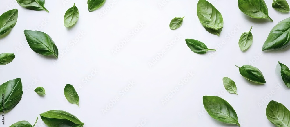 Aufkleber fresh basil leaves arranged on white background with ample empty space for text or graphics in a cle