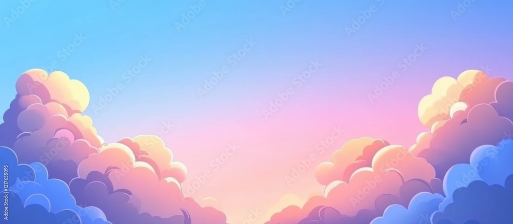 Poster serene summer sky with vibrant fluffy clouds and a tranquil blue backdrop offering ample copyspace f