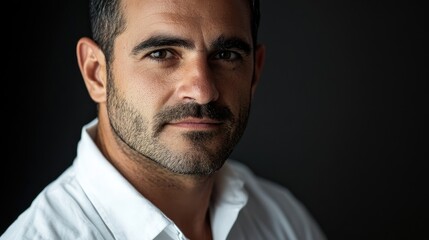 Fototapeta premium Confident man in a white shirt with a focused expression against a dark background showcasing portraits and human emotion themes.