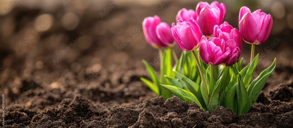 Poster vibrant pink tulips emerging from rich soil with a soft blurred background and ample space for perso