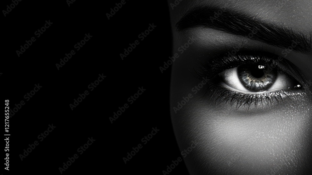 Poster elegant close up of a female eye highlighting the pupil with a dark background and ample copy space 