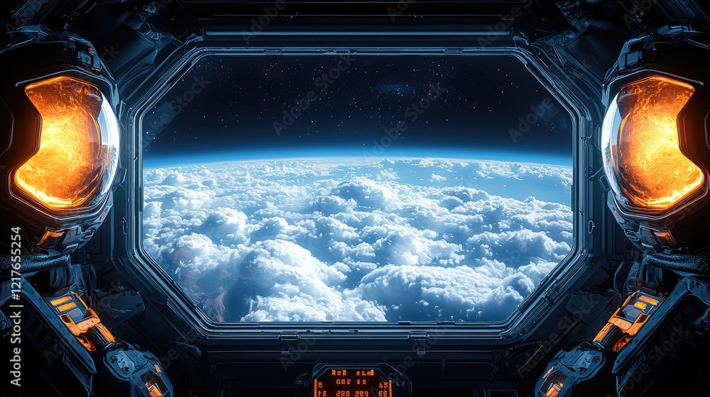 Poster spaceship window view showing earth clouds and stars