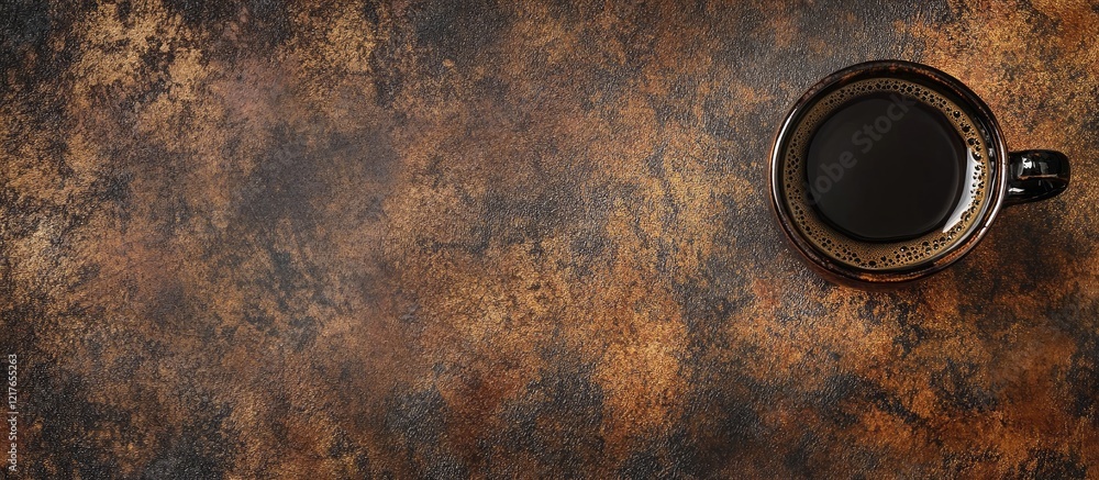 Poster Brewed black coffee in an elegant mug on a rustic table surface with ample empty space for text or design elements.