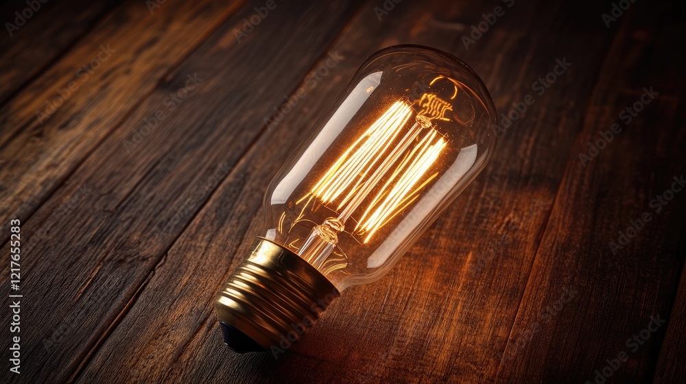 Poster vintage light bulb with intricate filament glowing softly on wooden surface with dark background and