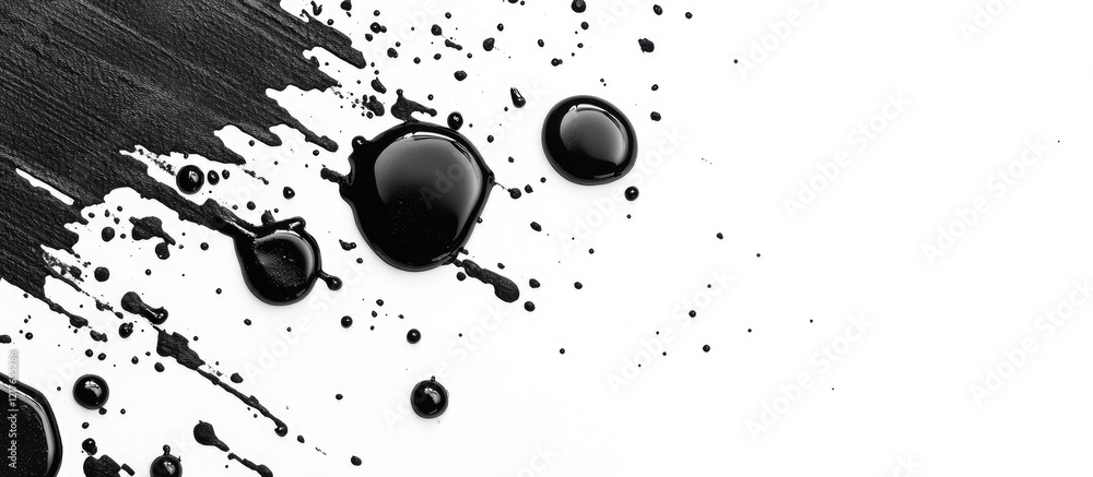 Poster black paint drops on white background artistic design with space for custom text and creative expres