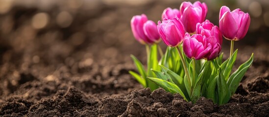Vibrant pink tulips emerging from rich soil with a soft blurred background and ample space for personalized text or graphics