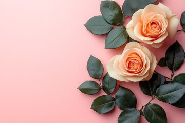 Fototapeta premium Beautiful peach roses with green leaves arranged on a soft pink background