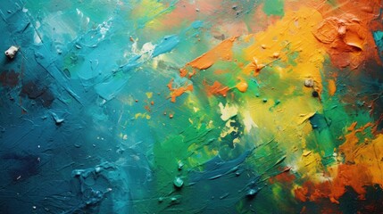 Fototapeta premium The wall is chaotically painted with different colours of paint, it looks uneven. Colourful wallpaper. Painting on canvas. Artistic texture. Illustration for cover or decor.
