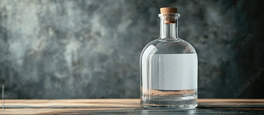 Aufkleber Clear glass gin bottle with cork stopper and blank label on dark textured background for customizable branding and product placement.