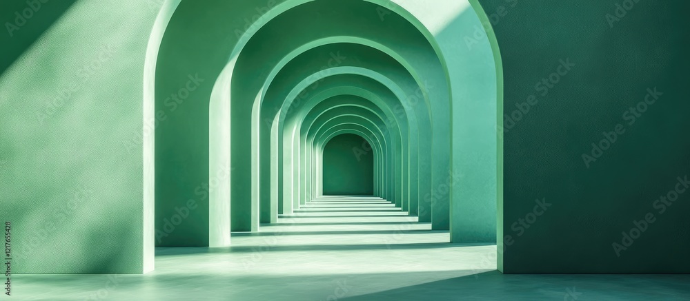 Aufkleber Tranquil corridor featuring green walls and elegant arches with ample copy space for text and design elements