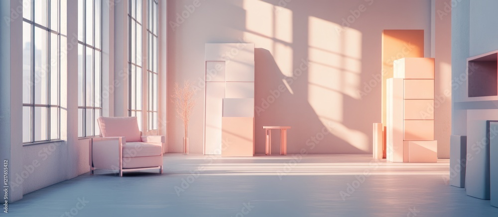 Poster modern minimalist workspace with bright natural light and empty copyspace for text use in product ma