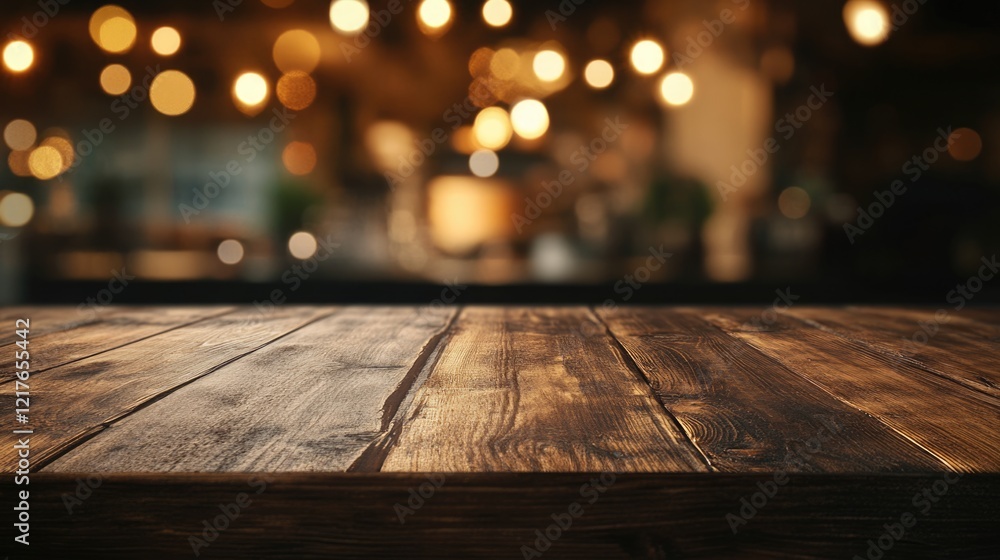 Poster brown wooden table with blurred warm bokeh lights in the background and ample copy space for text pl