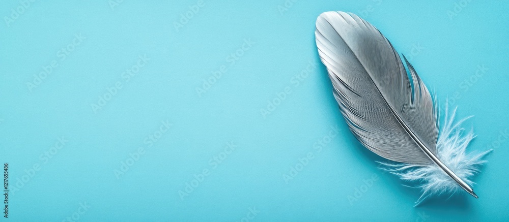 Poster elegantly placed silver feather on a calm blue surface with generous space for text or additional de
