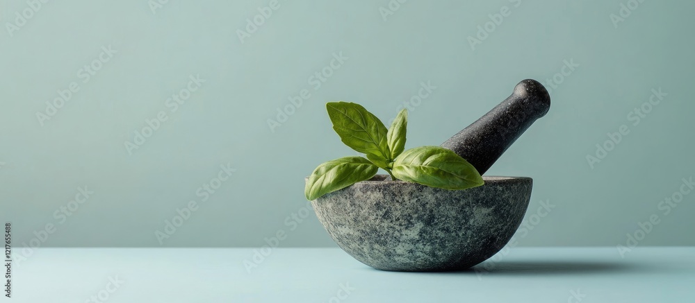 Poster basil leaves in a mortar and pestle on a soft background with ample copyspace for culinary or herbal