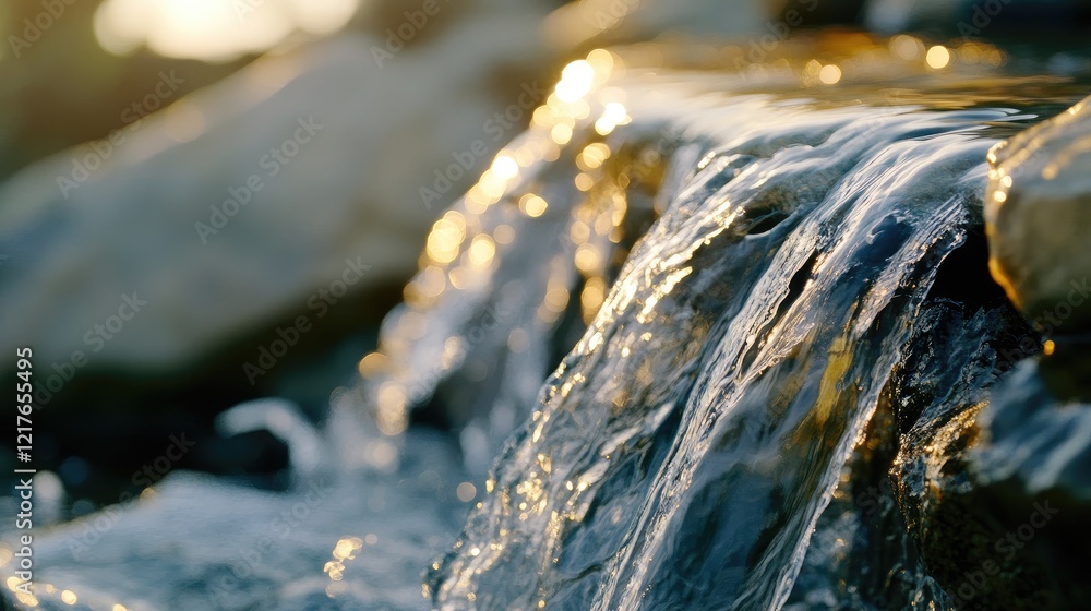 Poster flowing water close up with sunlit reflections over rocks and empty space for text in a natural outd