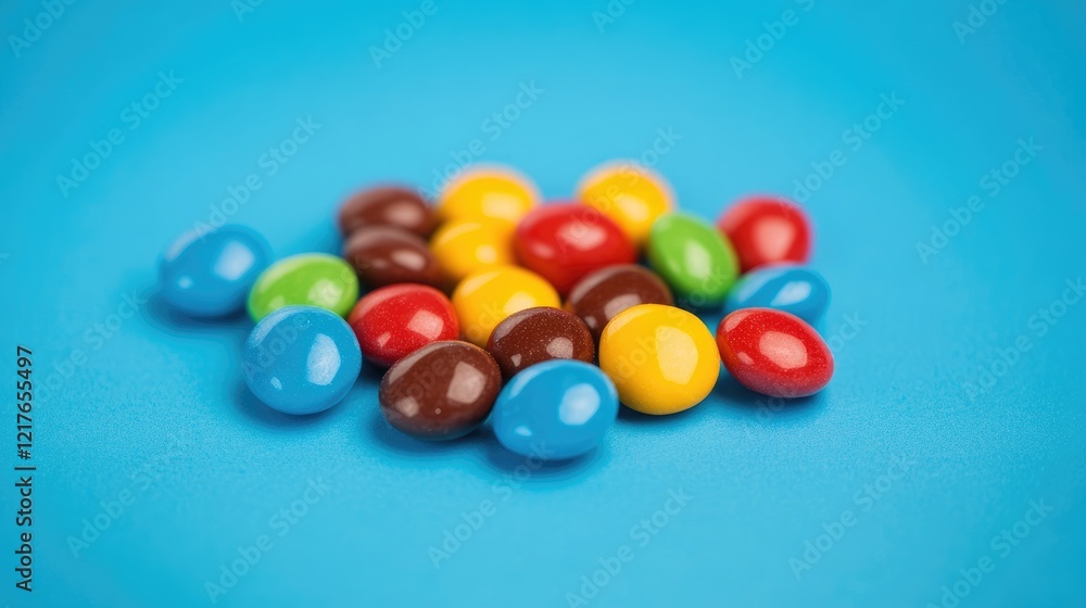 Poster colorful assortment of glossy candies arranged on a vibrant blue background creating a playful and c