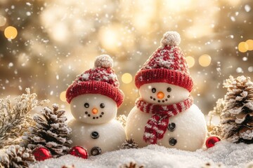 Obraz premium Festive snowmen wearing knitted hats with red accents in a snowy winter landscape during the holiday season