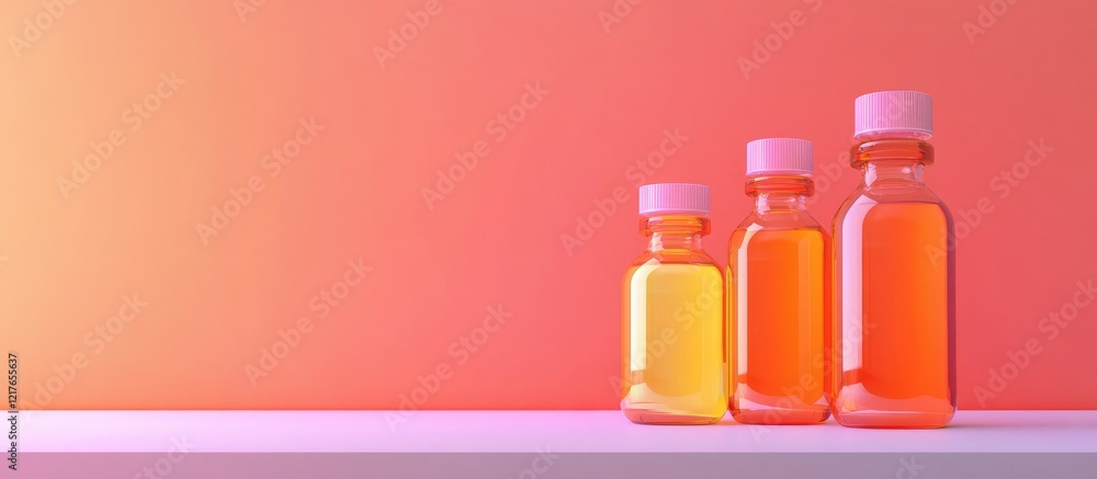 Poster Colorful Bottles on Modern Laboratory Table with Gradient Background and Blank Space for Creative Text and Branding Solutions