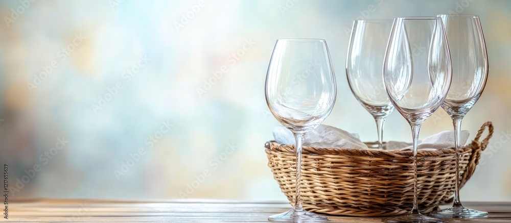 Poster elegant table setting featuring a basket and wine glasses with empty space for personalized text or 