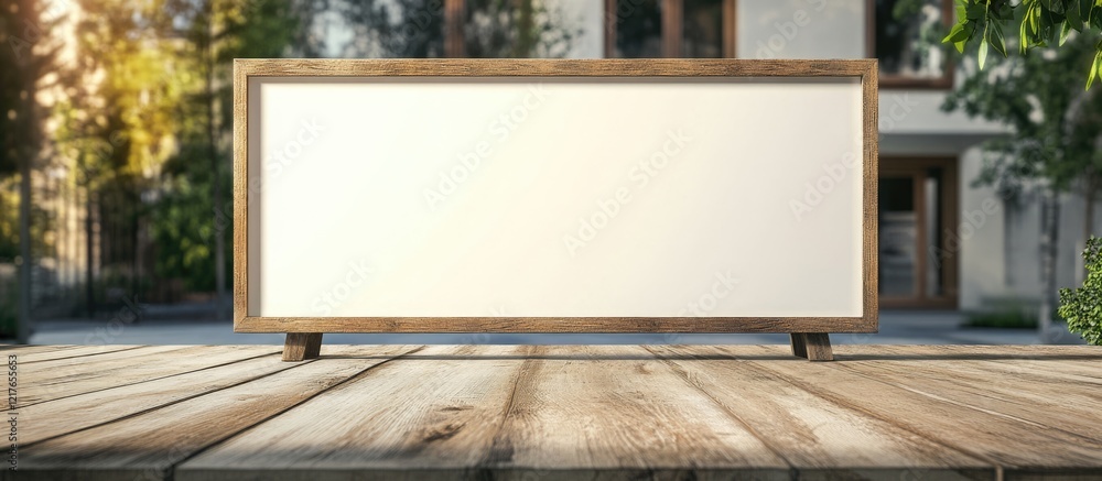 Poster blank billboard on wooden table in front of home for advertising with empty copyspace for text and o