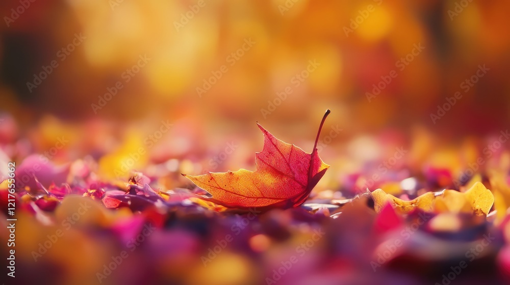 Poster close up of a vibrant autumn leaf on a colorful ground with soft focus background and ample space fo