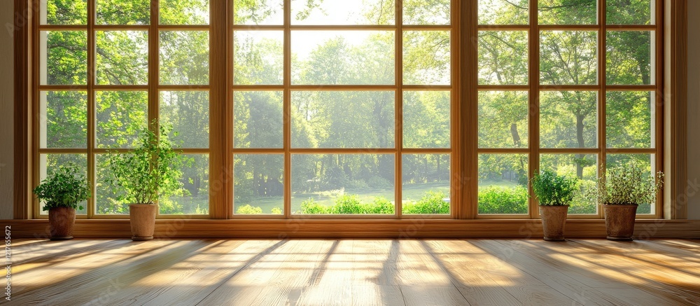 Poster bright spacious kitchen with large windows and sunlit view of greenery ideal for inviting natural li