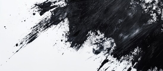 Black abstract paint strokes and splatters on a white canvas creating a modern background with empty space for your text or design elements