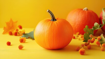 Vibrant autumn scene featuring orange pumpkins surrounded by harvest fruits and colorful leaves on a bright yellow wooden background.
