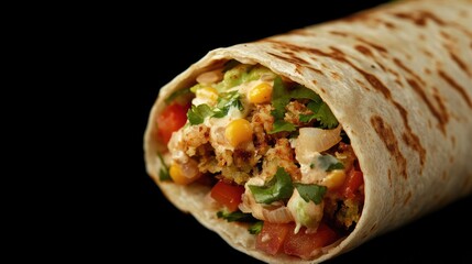 Falafel wrap close up showcasing vibrant stuffed ingredients with ample empty space for creative text placement and culinary promotion