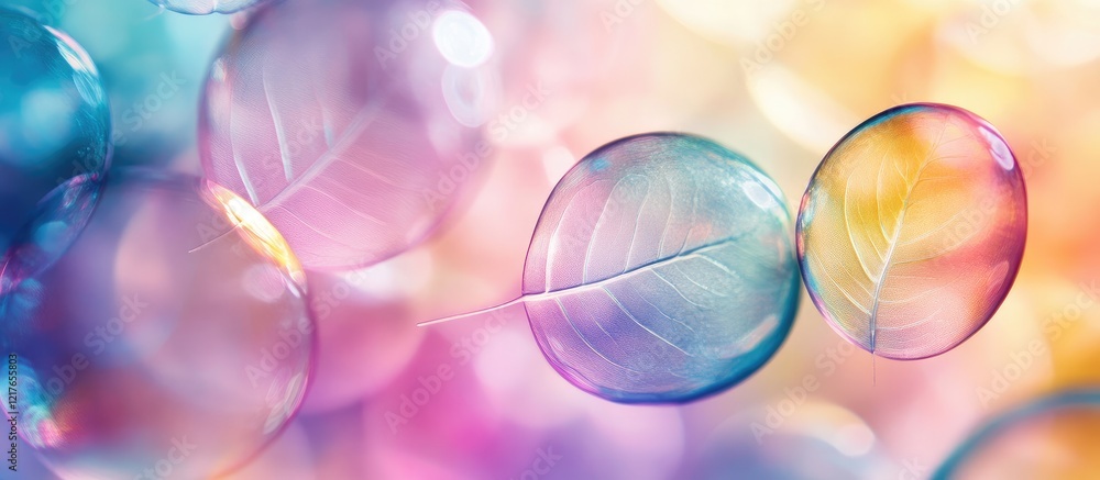 Poster Colorful Bubble Background with Leaf Patterns and Soft Focus for Text Overlay in Vibrant Pastel Shades