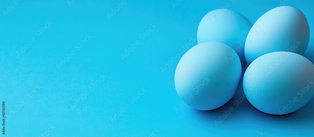 Poster lush blue eggs arranged aesthetically on a vibrant blue background with ample copy space for creativ