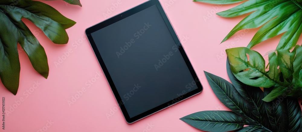 Poster Black Tablet Mockup on Coral Background Surrounded by Green Leaves with Ample Copyspace for Text and Design Elements