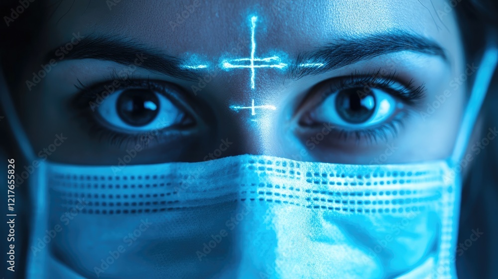 Poster close up of a masked face with tic tac toe board design in x ray vision theme showcasing intense gaz