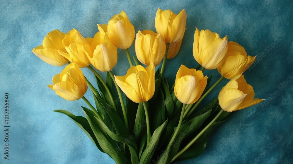 Poster yellow tulips arranged in a bouquet on a textured blue background with ample copy space for text ins
