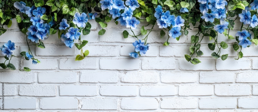 Poster brick wall background adorned with lush blue flowers and generous space for customizable text and me