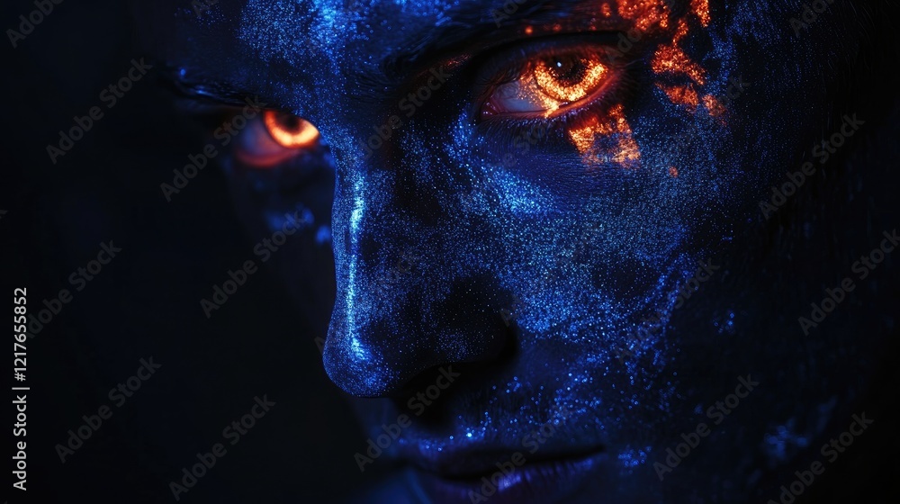 Poster close up of a face with luminous paint highlighting features against a dark background with ample sp