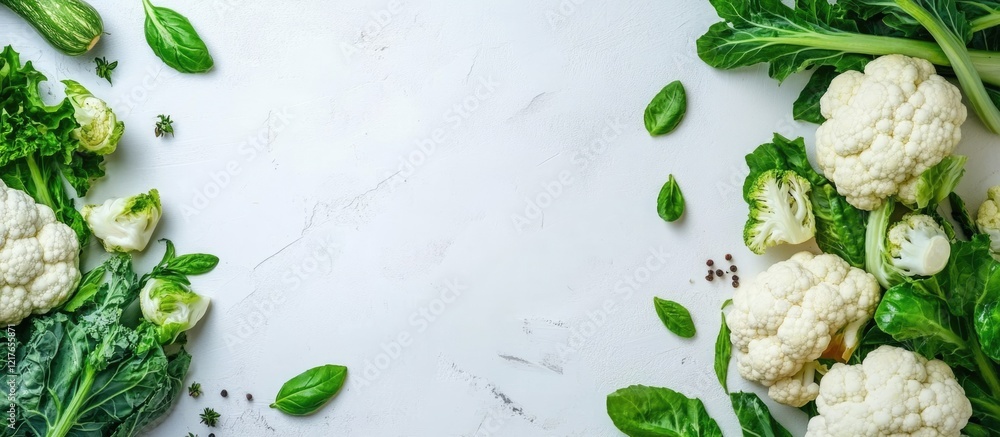 Poster fresh cauliflower and leafy greens arranged on a marble countertop with copy space for text or desig