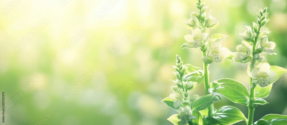 Poster basil orchids blooming in a lush garden during springtime with soft natural light and ample copyspac